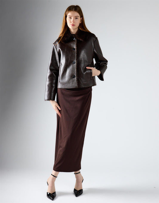 Deep Brown Fur-Collar Leather Jacket