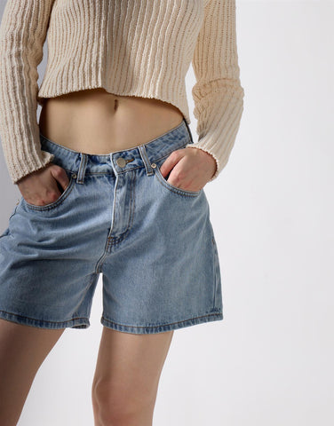 High Waist Rigid Denim Shorts - Mid Blue