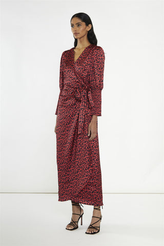 Red-Black Animal Wrap Midi-Dress