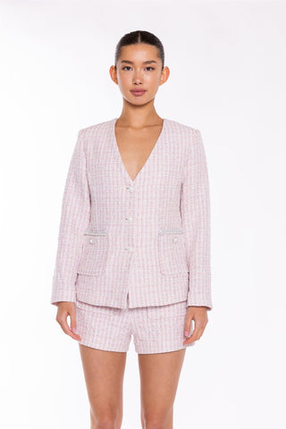 Pink-White Tweed Collarless -Blazer
