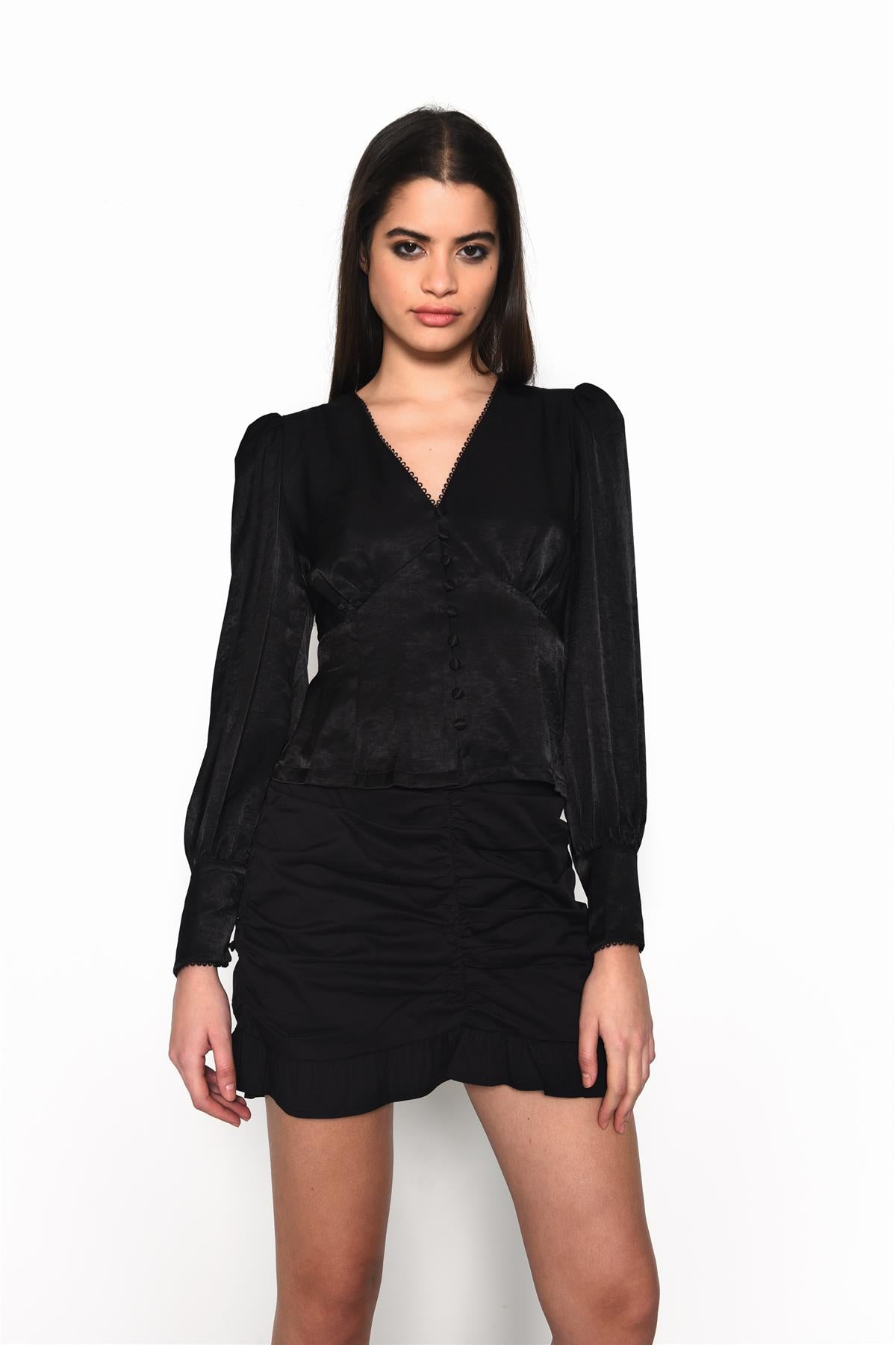 Black Sateen Long Sleeve Blouse