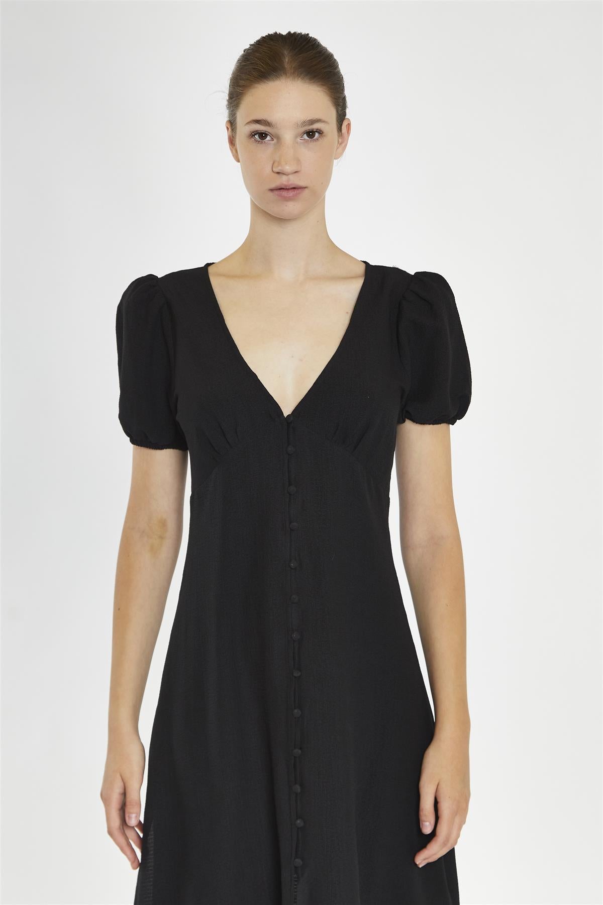 V-Neck Puff Sleeve Midi Dress - Black