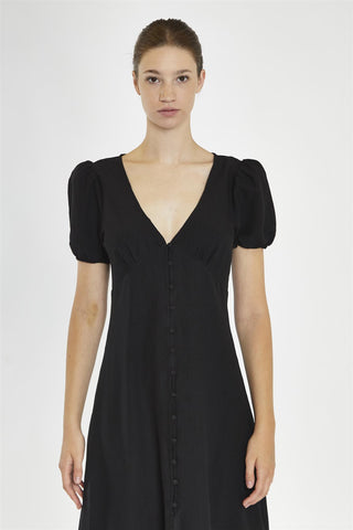 V-Neck Puff Sleeve Midi Dress - Black