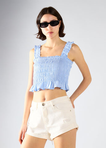 Ruched Frill Crop Top - Light Blue