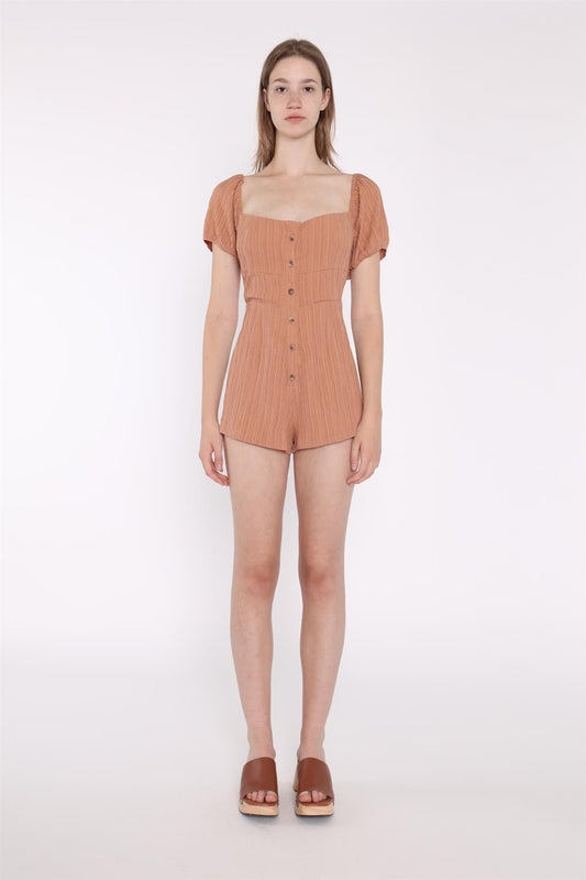 Rust-Crinkle Square-Neck Button Down-Playsuit