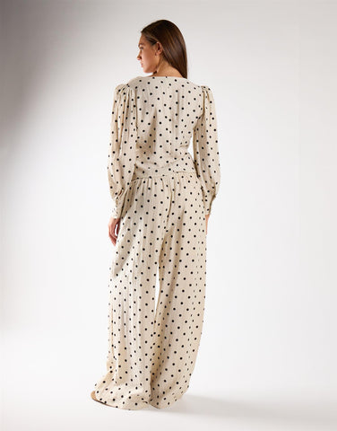 Natural Black Spot Wide Leg Tie-Waist Trousers