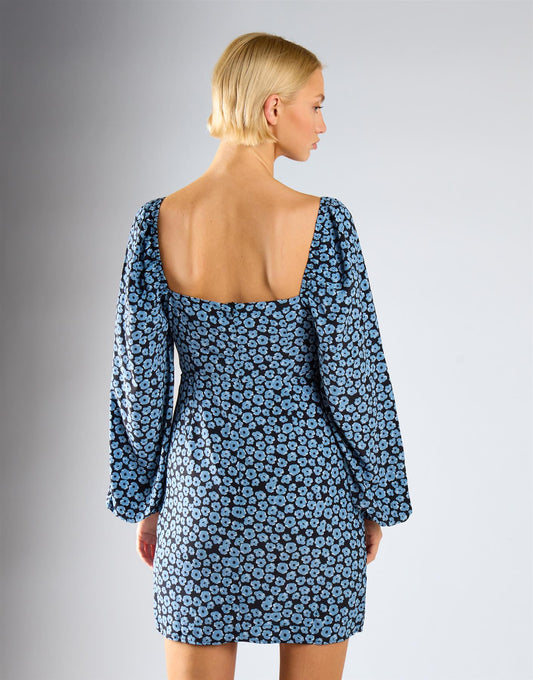 Dusty Blue Mini Floral V-Neck Shift Dress