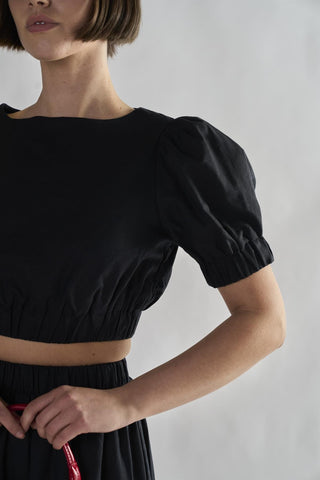 Black Puffed-Sleeve Crop-Top