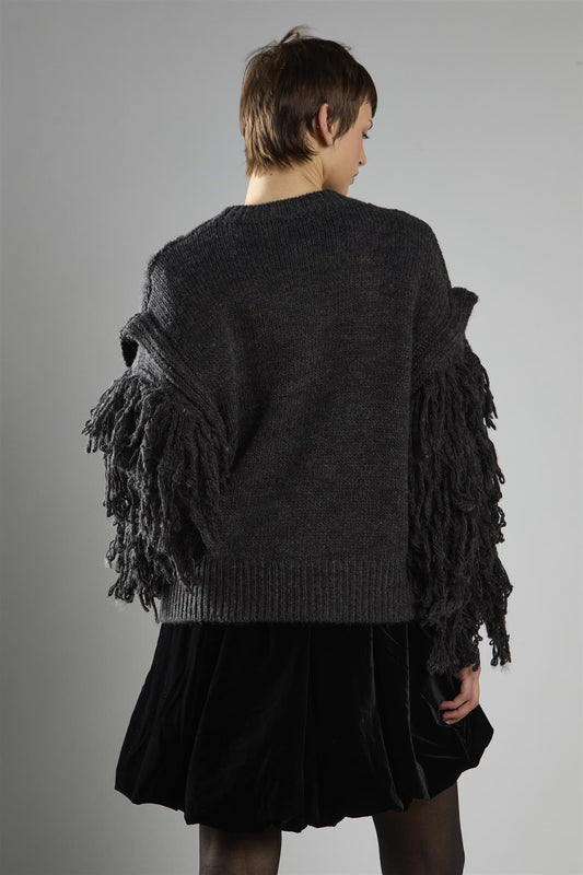 Charcoal Fringe Sleeve Cable Knit Jumper