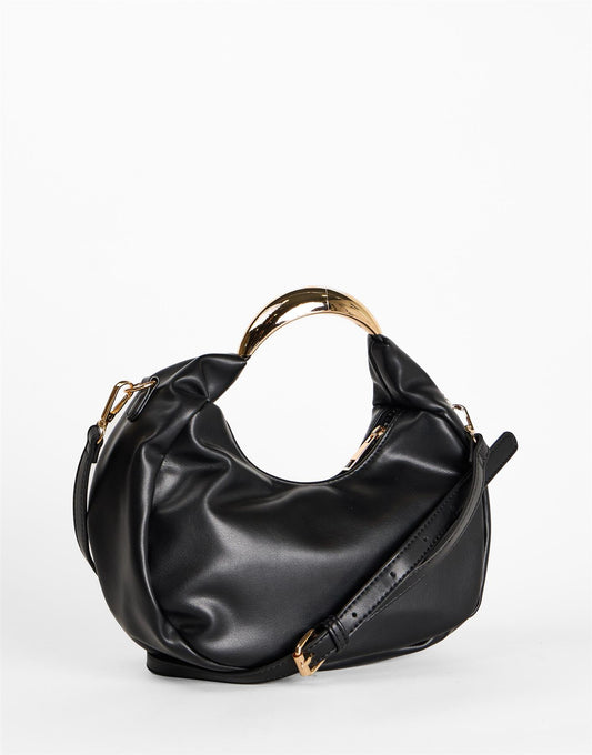 Black Crescent Gold Handle Shoulder Bag