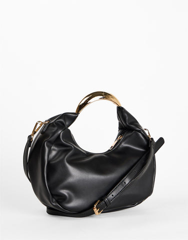 Black Crescent Gold Handle Shoulder Bag