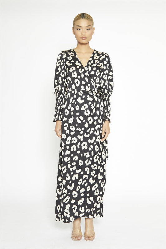 Black Cream Large Leopard Wrap Maxi Dress