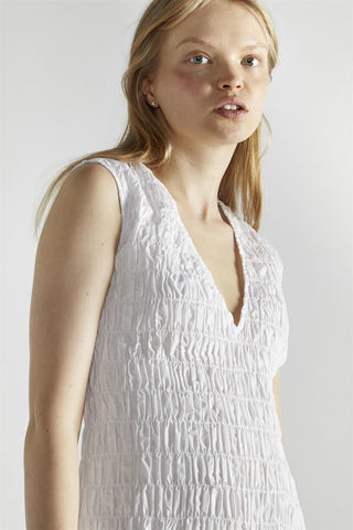 White Shirred V-Neck Mini-Dress