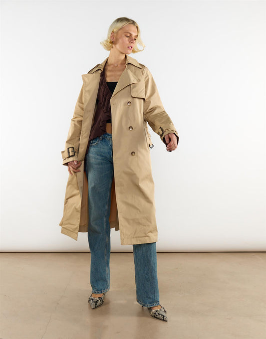 Light Camel Longline Belted Trench Coat