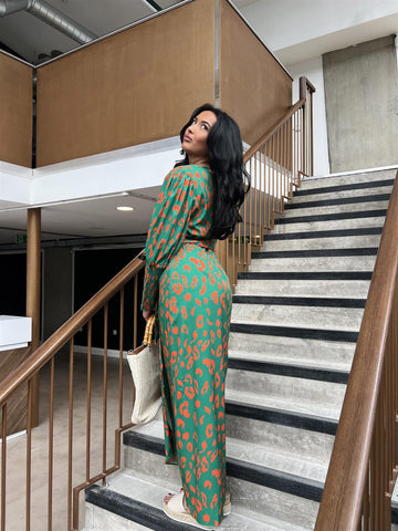 Green-Orange Leopard Wrap Midi-Dress