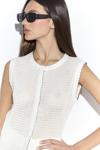 White Knit Top with Contrast Coverstitching