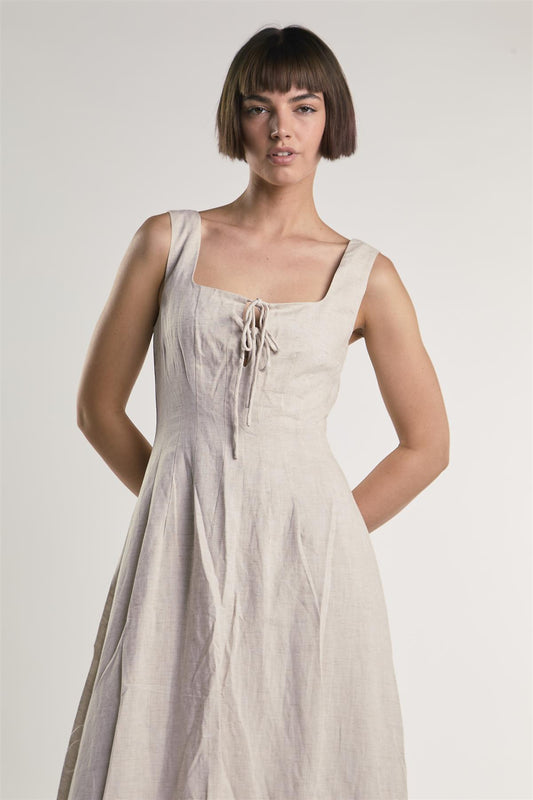 Beige Fleck Square Neck Maxi-Midi Dress