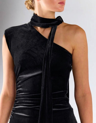 Black Velvet One-Shoulder Mini Dress With Neck-Tie