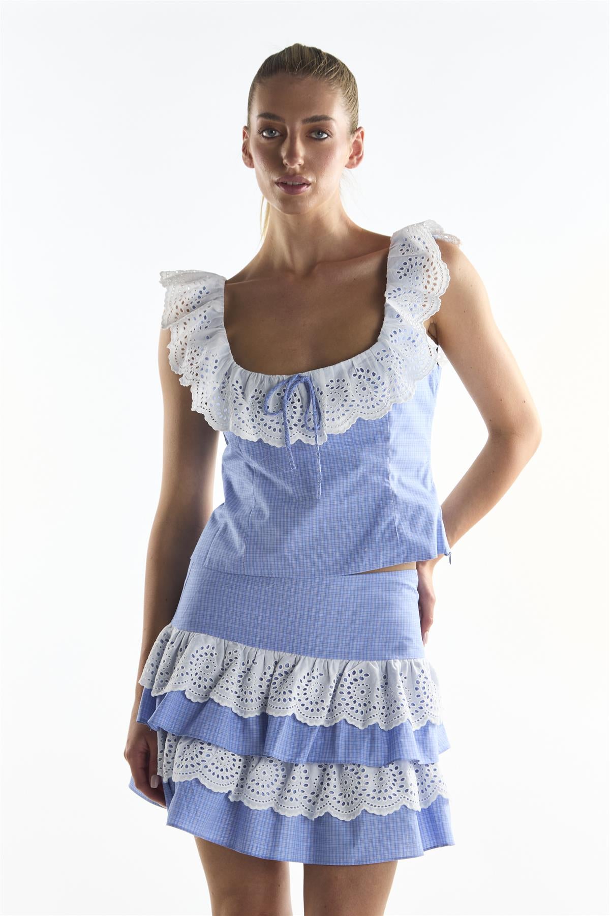 Cornflower Check Embroidery Detail Top
