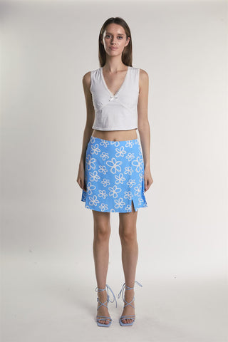 Blue-Scribble-Daisy Side-Slit Mini-Skirt