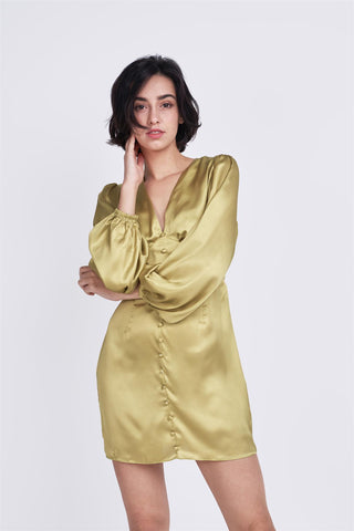 Olive Green V-Neck Button Mini Dress