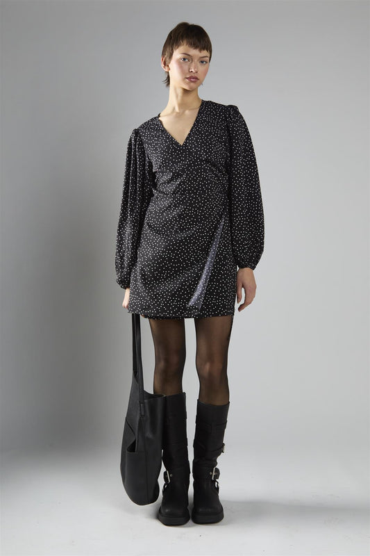 Black Polka Dot Wrap Mini Dress