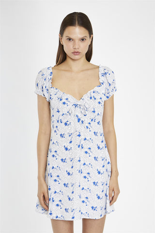 Blue-Dot Vintage-Floral Gathered Neckline Mini-Dress