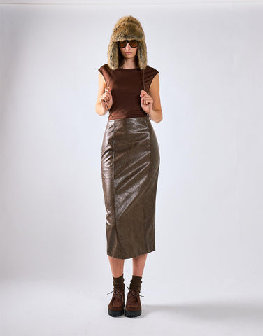 Brown PU Midi Bodycon Skirt