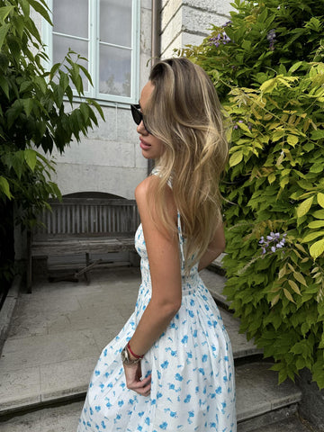White Teal Blue Ditsy Spaghetti Strap Midi Dress