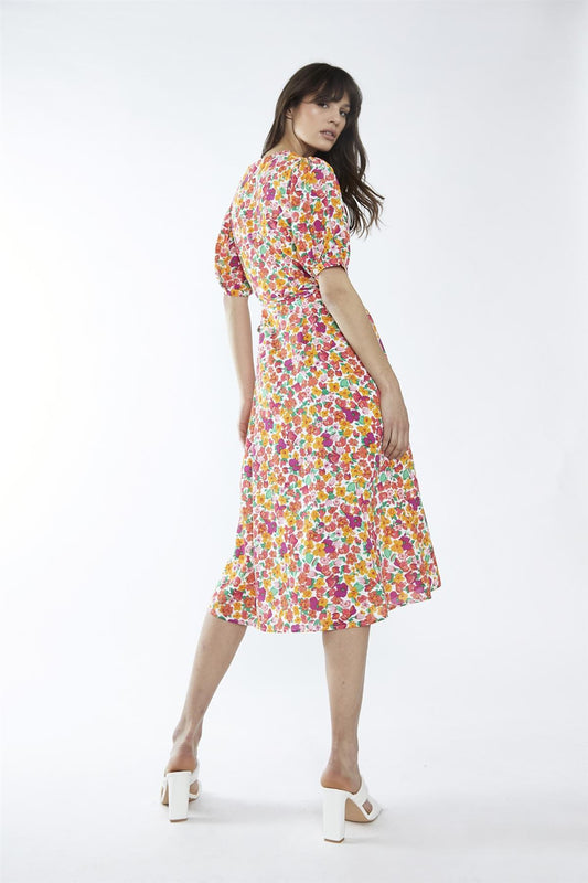 Bright-Floral Wrap Midi-Dress