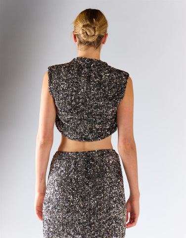 Silver Mini Sequin Sleeveless Mock Neck Crop Top
