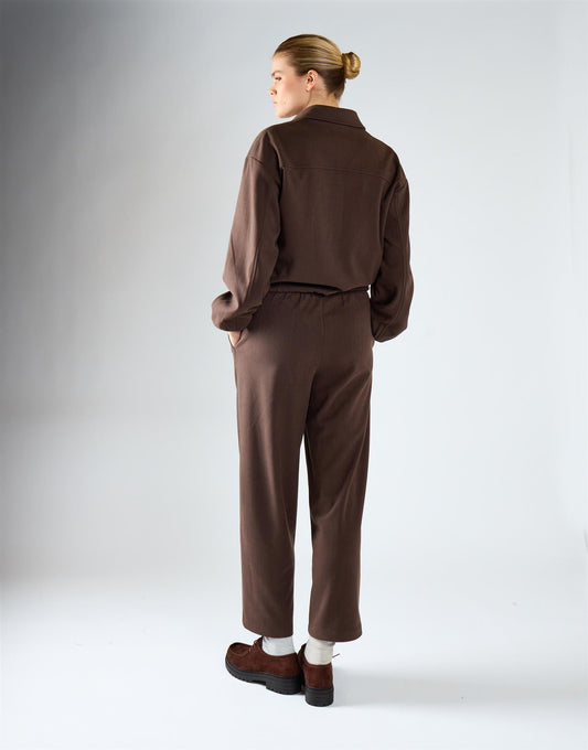 Dark Brown Elastic-Waist Straight-Leg Trousers