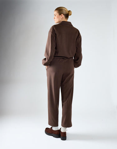 Dark Brown Elastic-Waist Straight-Leg Trousers