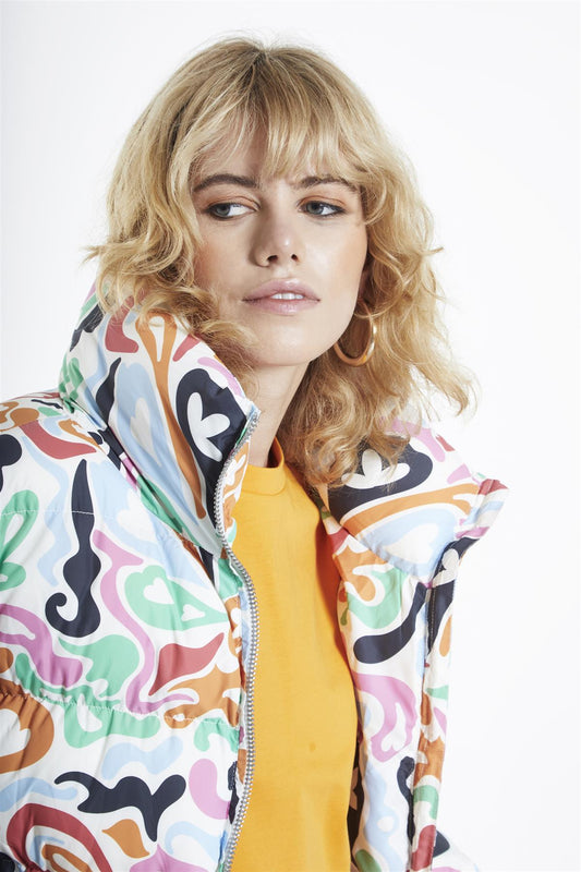 Multi Abstract Print Puffer Jacket