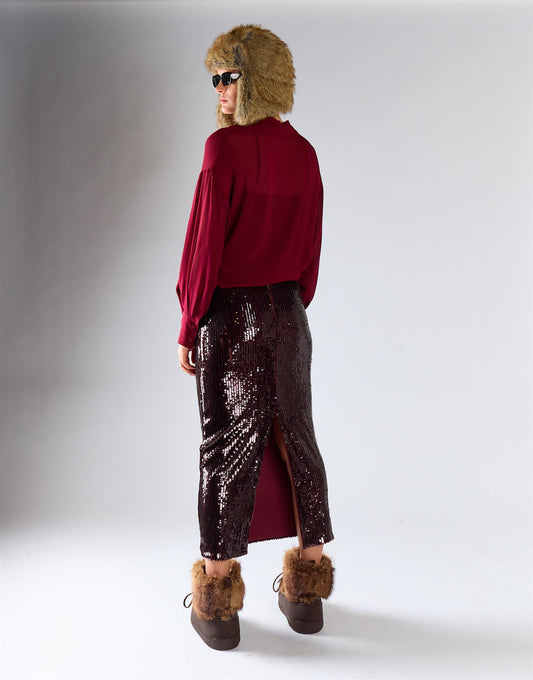 Burgundy Sequin Back Vent Midi Skirt