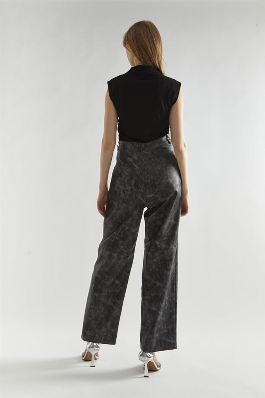 Black Marble PU Wide-Leg High-Waist-Trousers