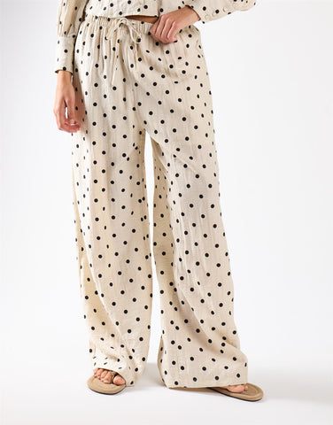 Natural Black Spot Wide Leg Tie-Waist Trousers