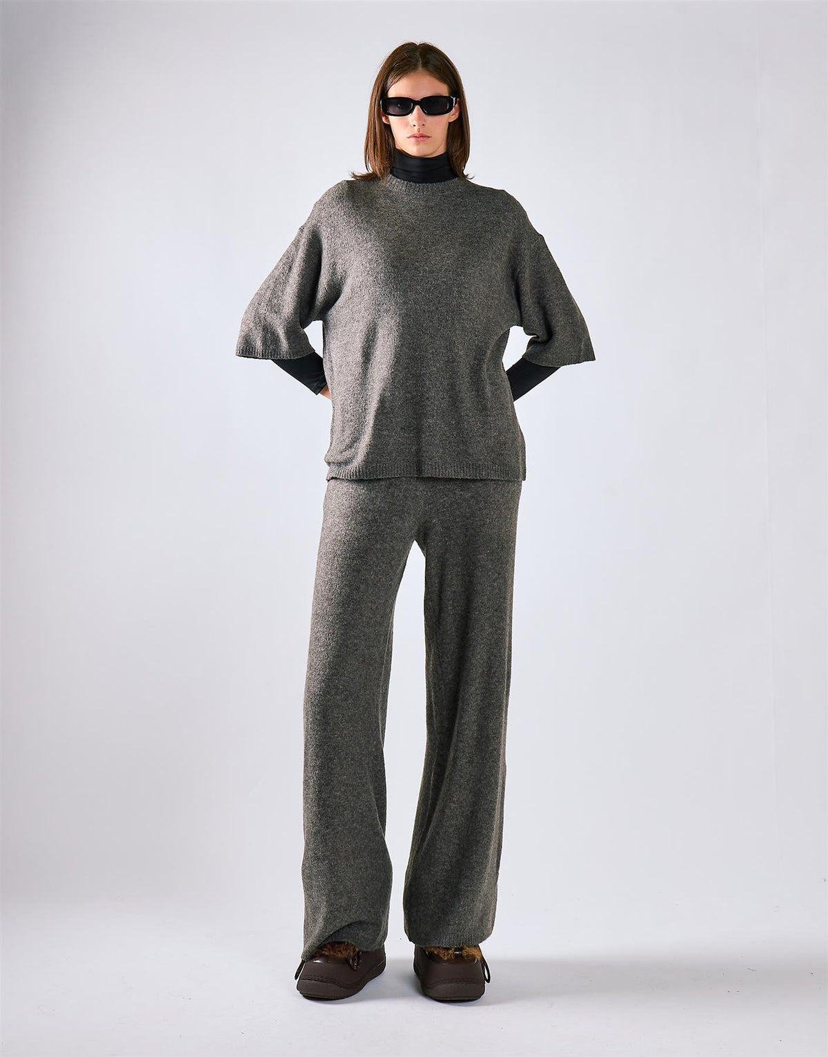 Charcoal Knitted Flare Trousers