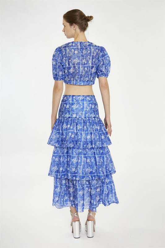 Blue-Tile Organza Tiered Ruffle Midaxi-Skirt