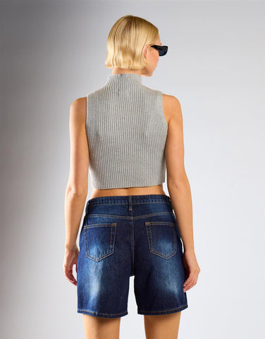 Mid Waist Loose Fit Denim Shorts - Indigo