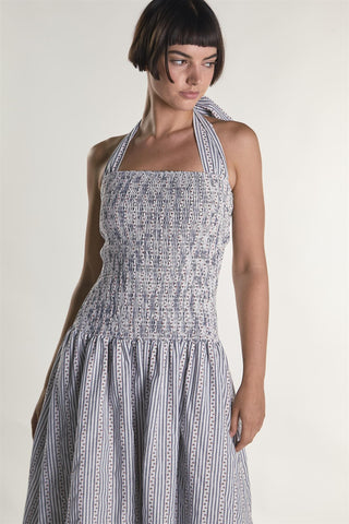 Cherry Stripe Halter Tie Neck Midaxi Dress