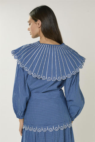 Navy Multi Check Embroidered Collar Long Sleeve Blouse