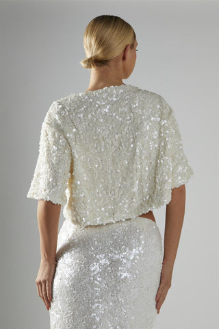Matt-White-Sequin Boxy Crop-Top