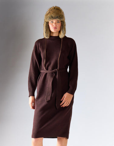Walnut Belted Long-Sleeves Knit Midi Dress