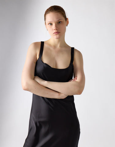 Asymmetrical Scoop Neck Midi Dress - Black Satin