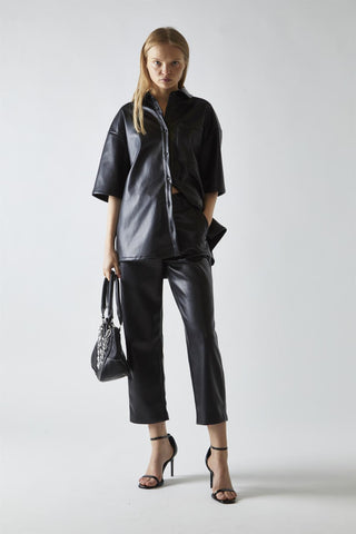 Black-PU Straight Fit Crop Trousers