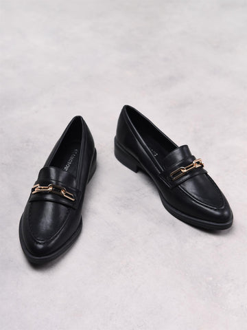 Black PU Gold Chain Detail Loafers