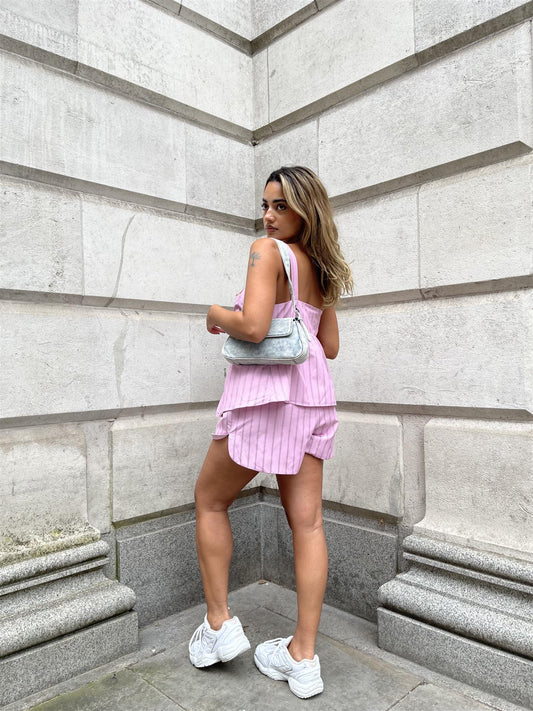 Pink Vertical-Stripe Side Split Shorts