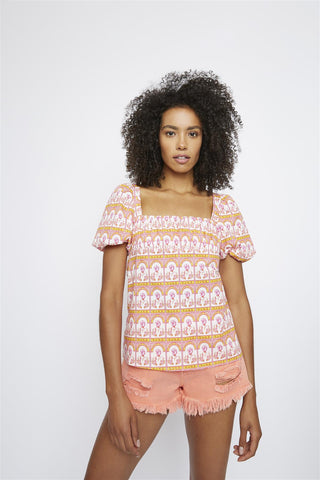 Japanese-Stamp-Print Square-Neck short-sleeve-top