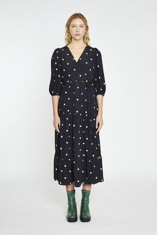 Black Daisy V-Neck Wrap Midi-Dress